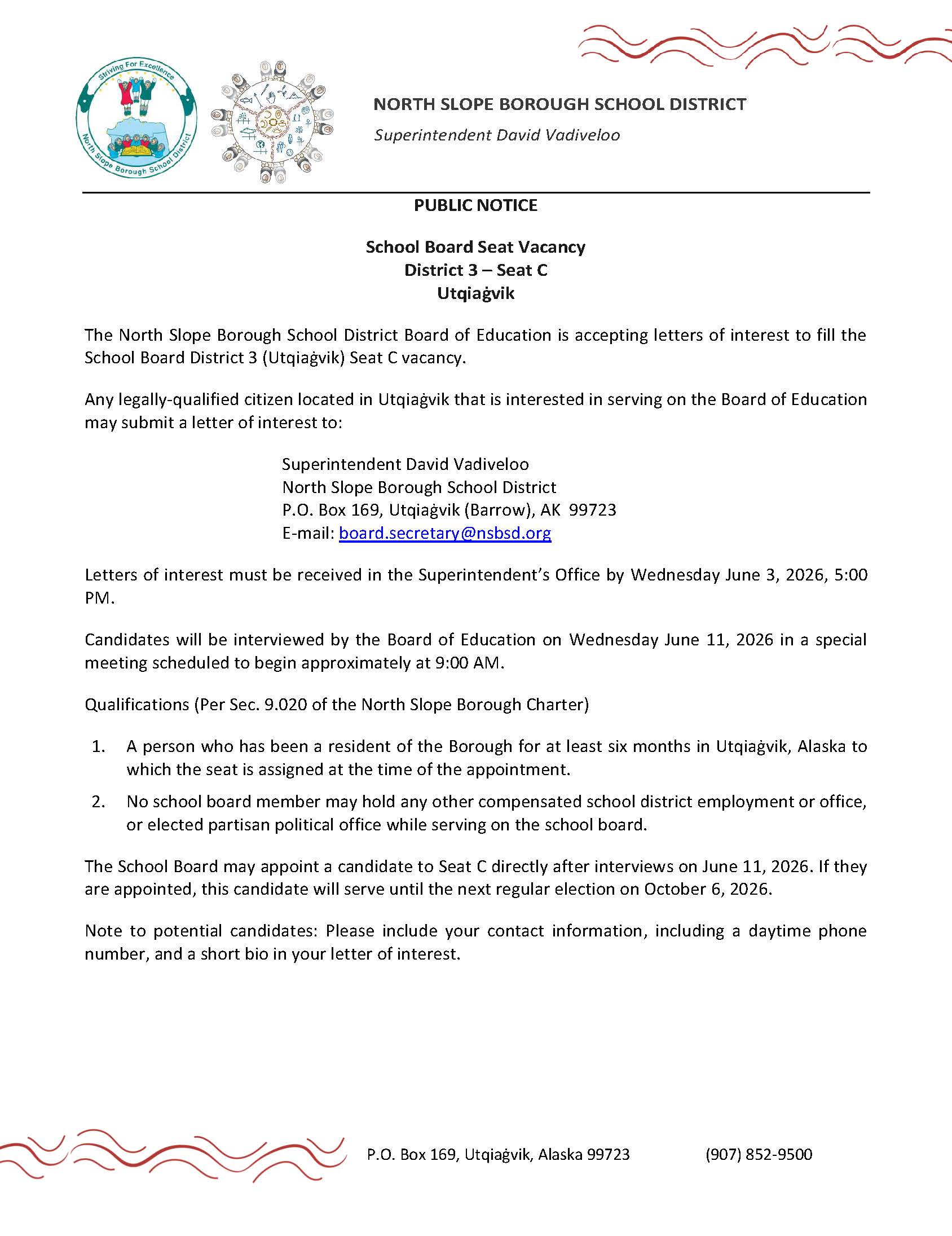 Public Notice for Accepting Letters of Interest for School Board Seat (Utqiagvik)